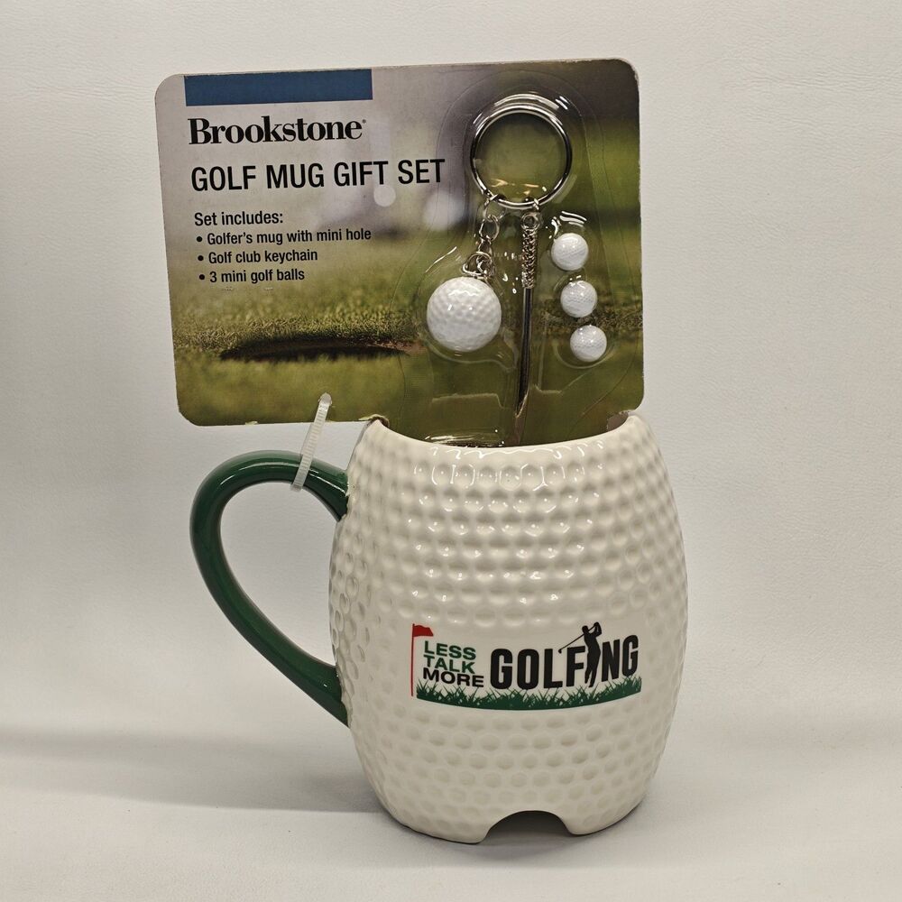 Brookstone Golf Mug Gift Set Less Talk More Golfing Keychain Mini Balls New Gift